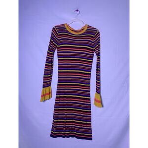Sweet Rain Funky Multicolor Striped Knit Mini Dress Ruffle Cuff Sleeves Medium